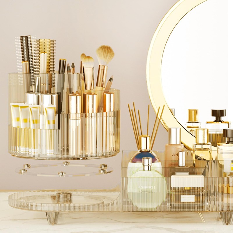 Rotating Makeup Organizer for Vanity with Brush Holder, Cosmetic Makeup