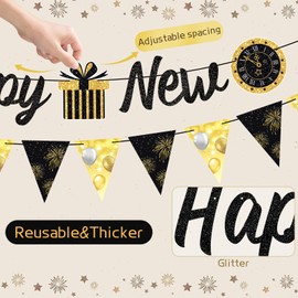GULWAT Happy New Year 2026 Banner Black Glitte Pre-Assembled New Years Eve Sign Garland Banner for 2026 NYE Party Supplies Decorations Holiday Home Hanging Party Decor