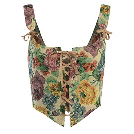 Dreay Womens Vintage Floral Print Grommet Lace Up Tie Front Corset Bustier Shapewear Top 21216-Cream-XL