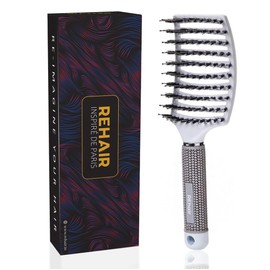 Premium Detangler Pain Free Boar Bristles Over-sized Vented Hair Brush for Men & Women (White)