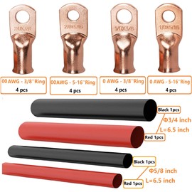 SVAAR 20pcs Battery Cable Ends Kit 1/0 AWG 2/0 AWG Copper Lugs 0 Gauge 00 Gauge Battery Cable Lugs with 3/8" and 5/16" Stud Heavy Duty Wire lugs Ring Terminal Connectors with 3:1 Heat Shrink Tube