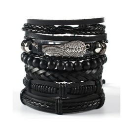 GAUEIOUR Punk Braided Leather Bracelets Set, Woven Cuff Vintage Bracelets Wrap Set Series, 6Pcs Adjustable Fashion Punk Men & Women Rope Bracelet