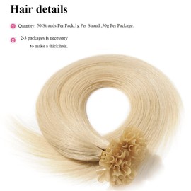 16 inch Pre Bonded Human Hair Extensions 1g 50 Strands 100% Remy Real (#60 Platinum Blonde,50g)