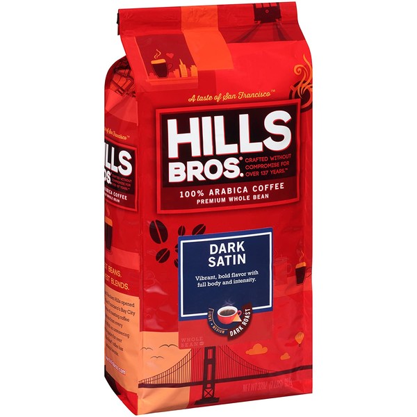 Hills Bros Dark Satin Whole Bean Coffee, Dark Roast - 100% Arabica Coffee Beans – Full-Bodied Dark Blend Coffee with Bold Flavor, Intensity and a Smooth Finish (32 Oz. Bag)