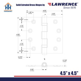 Commercial Door Hinges, Heavy Weight Butt Hinge, 4.5 x 4.5, 3 Pack, Lawrence Hardware