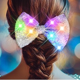 Campsis Light Up Hair Bow Clip, White Sparkly Sequin Bowknot Hair Piece, Carnival Festival Costume Hair Accessories for Women (White)