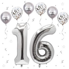 Number 16 balloons Silver，16 Balloons Birthday Boy Girl,40Inch Foil Number 1 & 6 Balloons with 6 Silver Metal and Confetti Helium Balloons for 16th 61th Year Old Birthday Decorations