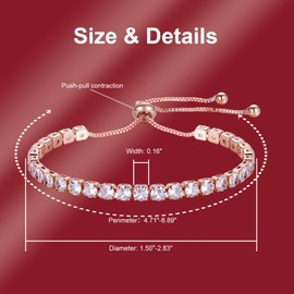URSUNDAOP Tennis Bracelets for Women，Rose Gold Bracelets for women，4mm AAA+ Zirconia ，Length-adjustable buckle (Rose gold)