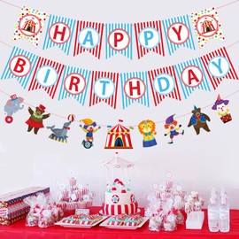 Zwiebeco Birthday Party Decoration Supplies Happy Birthday Banner Hanging Colorful Paper Amusement Park Circus Theme Bunting Banner for Boys Girls Babys Kids Funfair Circus Themed Birthday Decorations