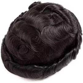Sistemas de cabello humano con piel de PU alrededor del cabello, tupé con encaje frontal, prótesis capilar masculina, mono superior transpirable(6x8)