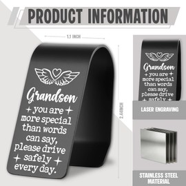Grandson Drive Safe Car Visor Clip, Stainless Steel Laser Engraved Inspirational, Loving Message Auto Accessory for Driver-DZYB25