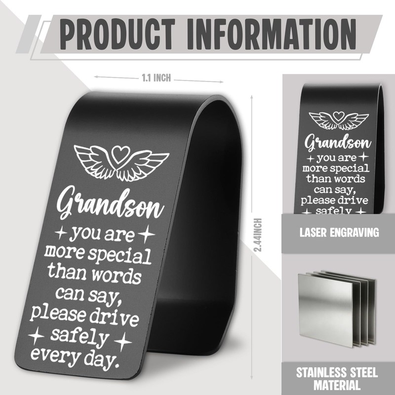 Grandson Drive Safe Car Visor Clip, Stainless Steel Laser Engraved