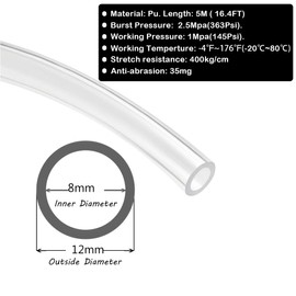 Beduan 12mm x 8mm Clear Pneumatic Tubing Pipe PU Polyurethane Air Compressor Tubing Hose Pipe Line Fluid Transfer 16.4ft 5 Meter