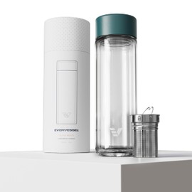 EVER VESSEL Glass Multi Tea Infuser Bottle 14oz - Double Wall Borosilicate Glass Flask | No Plastic Touches Contents | Perfect for Office or Home - Dark Green