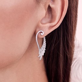 PICKBEAU Silver Hoop Earrings for Women, 18K Plated 925 Sterling Silver Post Silver Lightweight Minimalist Design Angel Wing Hoops Earring