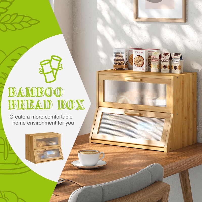 Large Bread Box Double Layer Bamboo Bread Box for Kitchen