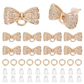 CRAFTYMELODY 10Pcs Bow Stud Earrings Gold Brass Cubic Zirconia Earring Post with Loop Jump Ring 20Pcs Soft Clear Earring Backs Bowknot Stud Earring Findings for Women DIY Dangle Jewelry Making