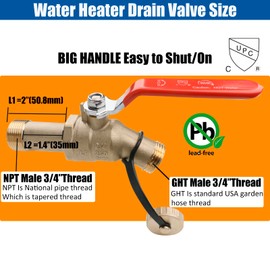 WHK Water Heater Drain Valve 3/4"MIP X 3/4" Male GHT Full Port Connection to drain or Flush Hot Water Heater Faster and Easy(Lead-Free Brass,2 Inch Shank with Long Handle)