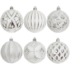 XmasExp Vintage Rustic Christmas Ball Ornaments Sets, 3.15" Plastic Farmhouse Distressed Tree Decorations Shatterproof Antique Traditional Style Xmas Hanging Ornaments (Silver White, 6Pcs)