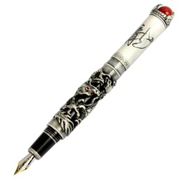 Gullor JinHao Antique Silver Dragon Style 3D Carved Fountain Pen With Red Pearl, Medium Nib, Black