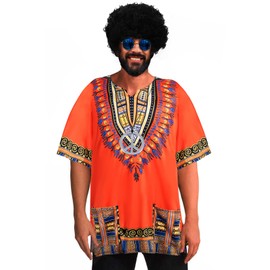 4 PCS Hippie Costume for Mens 60s 70s T-Shirt Afro Wig Accessories Set for Party Cosplay 4XL Orange