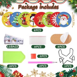 FOWSEEK 8 Pcs Christmas Diamond Painting Art Coasters, DIY Diamond Art Coasters Kit with Holder for Adults Beginners,Christmas Style Drinks for Diamond Crafts Kit for Drinks