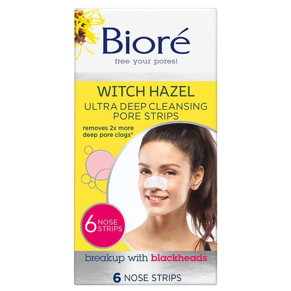 Bioré Witch Hazel Ultra Cleansing Pore Strips, 6 Nose Strips, Clears Pores up to 2x More than Original Pore Strips, features C-Bond Technology, Oil-Free, Non-Comedogenic Use (Packaging May Vary)