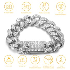 Halukakah Men's Gold Chain Iced Out, 20 mm Men's Cuban Chain Miami 18 Carat Real Gold-Plated / Platinum Plated White Gold Collar Necklace Bracelet, Full CZ Diamond Prong Set, Gift for Him, Metal, Lab
