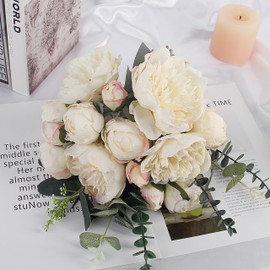 White Peonies Artificial Flowers 2 Bouquet Vintage Fake Peonies 21pcs Silk Flowers with Stems Real Touch Peonies for Home Wedding Table Decoration Bride Bouquet Faux Flowers Crafts Floral Arrangement