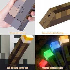 Lampe Fackel Wandlampe Miner Craft - 28cm Nachtlampe Wiederaufladbare 4 Farbe, Hand/Wandhalterung Beleuchtung mit Haken, Nachttischlampe mit USB-Laden für Kinder Geschenke, Cosplay, Party-Dekoration