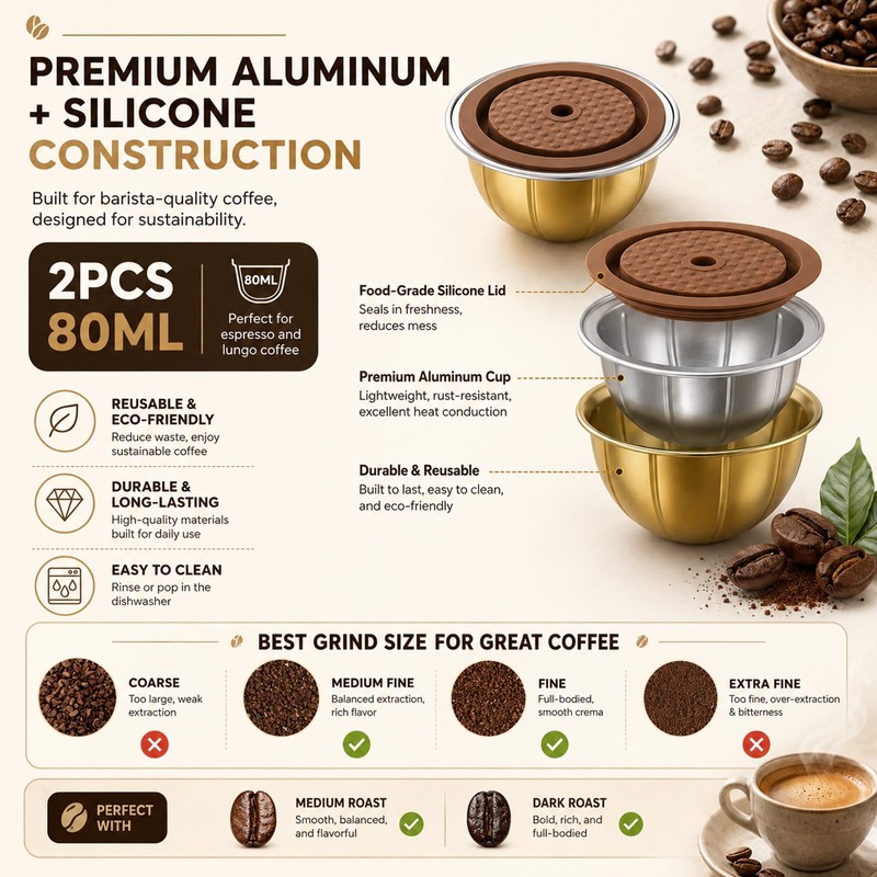 G1 80ml Aluminum Reusable Coffee Pods, 2-Pack with 2 Brown