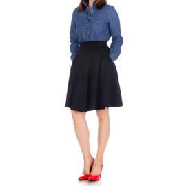Dani's Choice High-Waisted Cotton Blend Skirt with Pockets - Knee Length A-line Flare for Business and Casual Wear (L, Black)