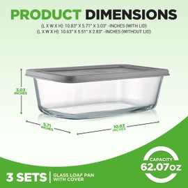 NutriChef 6 Piece Glass Loaf Pans for Baking Bread - 7.6 Cups Stackable Glass Bread Loaf Pan - 3 loaf Pan with 3 Lids - Oven & Microwave Safe, Dishwasher Safe - Clear