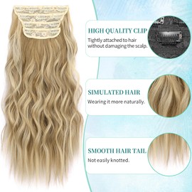 KooKaStyle Clip in Synthetic Hair Extensions Long Wavy 4PCS Thick Hairpieces Light Brown mix Golden Blonde Fiber Double Weft Natural Hair Extensions 16 Inch for Women