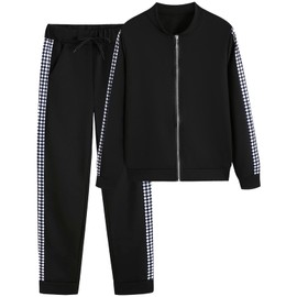 amropi Women's 2 Piece Tracksuit Plaid Sweatsuits Sets Zipper Sweatshirt and Jogging Sweatpants Suit Black, XXL