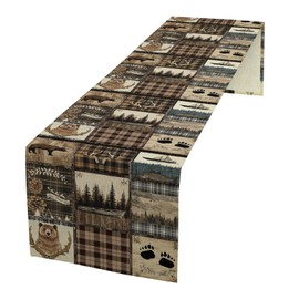 Camino de mesa rústico de oso de campo, animales salvajes clásico, oso ciervo, bosque, pescado de montaña, mantel para el hogar, cocina, comedor, decoración de fiesta, 13 x 60 pulgadas