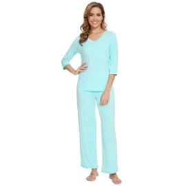 WiWi Viscose from Bamboo Womens 3/4 Sleeve Pajamas Set Soft Top with Pants Lightweight Sleepwear Pjs S-XXL, Aqua, XX-Large