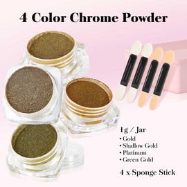 Chrome Nail Powder, 4 Colors Gold Series Nail Chrome Powder - Mirror Effect Metallic Glitter Powder Kit for Nail Art Decoration, Resin Craft etc. (1g/Jar)