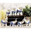 Blue White Feng Shui Miniature Thai Buddhism Elephants With Trunks