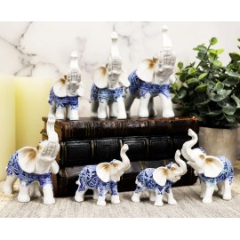 Blue White Feng Shui Miniature Thai Buddhism Elephants With Trunks Up Set of 7