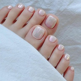 AkiliBIELY Pastel Pink Chrome Press on Toenails for Women Cute Holographic Toe Nail Press ons Fantasy Classy Shaped Press on Toe Nails Acrylic Full Cover Toe Press on Nails for Wedding Birthday