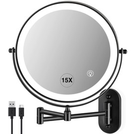 VORREMIRR Wall Mounted Makeup Mirror: 1x/15x Magnifying Mirror with 8.5" Double Sided, Vanity Makeup Mirror for Bathroom, Brush Black