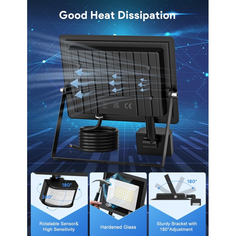 50 W LED Spotlight with Motion Sensor Outdoor, 450-4500 LM