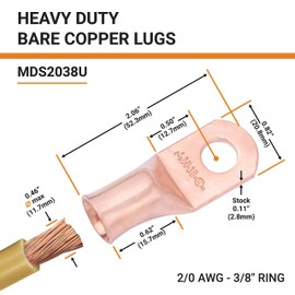 SELTERM 5pcs 2/0 AWG 3/8" Stud Copper Wire Lugs, Battery Lugs, Ring Terminals, Battery Cable Ends, 00 Gaug Ring Terminal Connectors, UL Heavy Duty Bare Copper Eyelets Battery Terminal Connectors