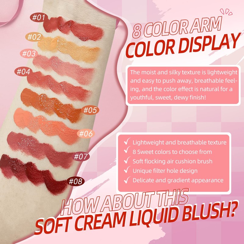 BEFIVECOK Liquid Blush for Cheeks, Soft Cream Blush with Cushion