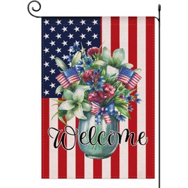 Spring Home Decorative Welcome America Patriotic Rustic Garden Flags Double Sided, Floral Burlap Welcome Seasonal Holiday Gift Rustic Farmland House Yard Lawn Outdoor Décor 12.5 x 18 Inch