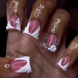 Duck Press on Nails Medium Duck Nails Press on Cute White Flower Fake Nails with Rhinestone Designs French Tip False Nails 3D Stripe Full Cover Stick on Manicure Kit for Women 24Pcs