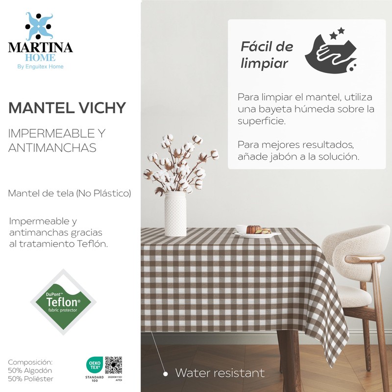 Martina Home TEFLONATED TABLECLOTH MADE Vichy BROWN 200X140 CM