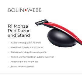 Bolin Webb R1 Razor and Stand in Monza Red, Ergonomic Handle Fitted with 3 Blade Cartridge Shaving Razor, Luxury Gift Set For Men
