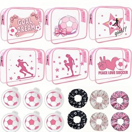 Pink - Regalos de fútbol para mujer, 12 bolsas de cosméticos de fútbol rosa, bolsas de cosméticos a granel, regalos de equipo deportivo, Rosado y blanco, Makeup Bag: 8 x 6 x 2.36 Inches
